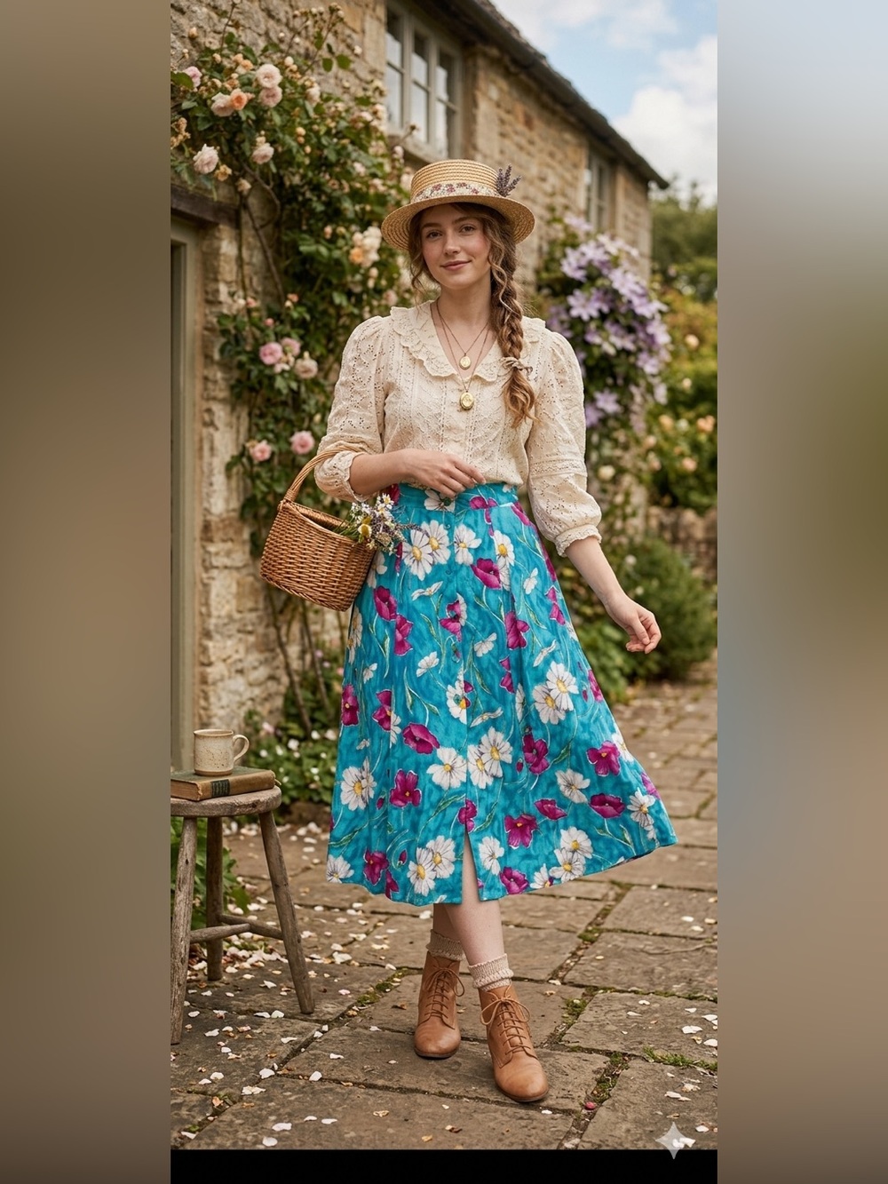 Women’s Vintage Floral A-Line Midi Skirt in Teal with Flowers Summer M 28” W